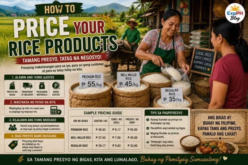 Filipino rice retailer calculating rice product pricing inside a rice distribution store with ExpPH Blog logo