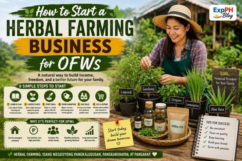 Filipino OFW family starting a herbal farming business with medicinal plants, farming tools, seedlings, and business planning materials in a realistic farm setting.