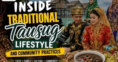 Traditional Tausug families wearing colorful cultural clothing beside coastal stilt houses with Tausug food and community traditions featured in the Philippines.