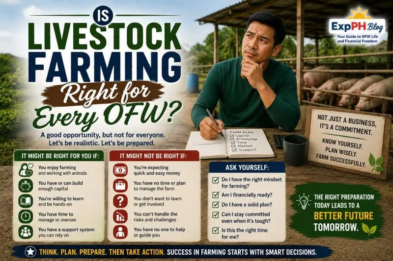 Filipino OFW thinking about starting a livestock farming business while reviewing a farm plan beside pig pens with ExpPH Blog logo.