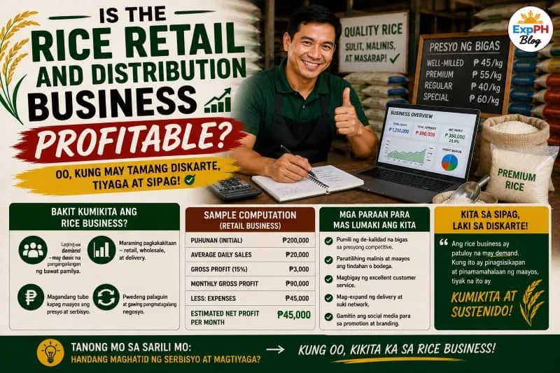 Filipino rice business owner reviewing profits and sales performance inside a rice retail and distribution business with ExpPH Blog logo