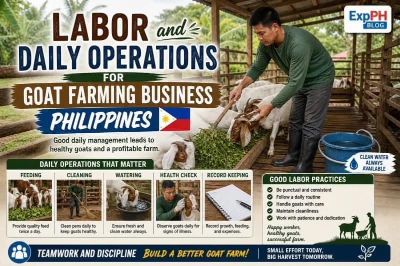 Filipino farmer feeding goats and cleaning farm showing daily operations and labor tasks in goat farming business Philippines