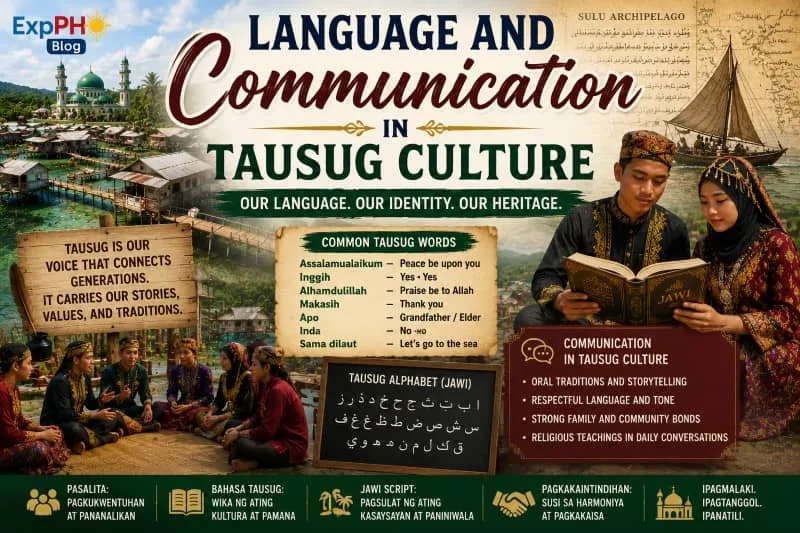 Realistic Filipino-inspired image showing Tausug language, communication, storytelling, Jawi script, traditional clothing, and cultural traditions in Sulu.