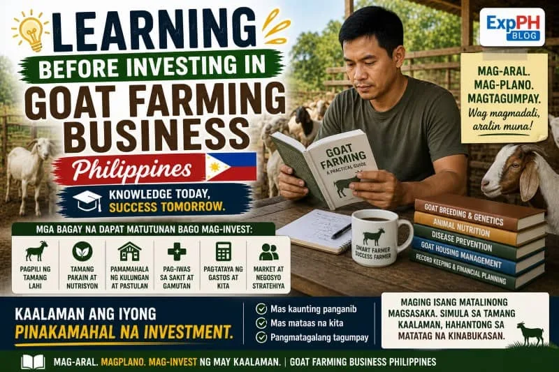 Filipino farmer studying goat farming guide book in a farm setting showing importance of learning before investing in goat farming business Philippines