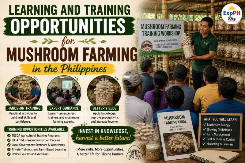 Filipino trainee learning mushroom farming inside a small training setup with shelves of fruiting bags and instructor guidance