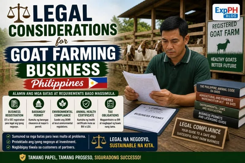 Filipino farmer reviewing business documents in a goat farm showing legal requirements for goat farming business Philippines