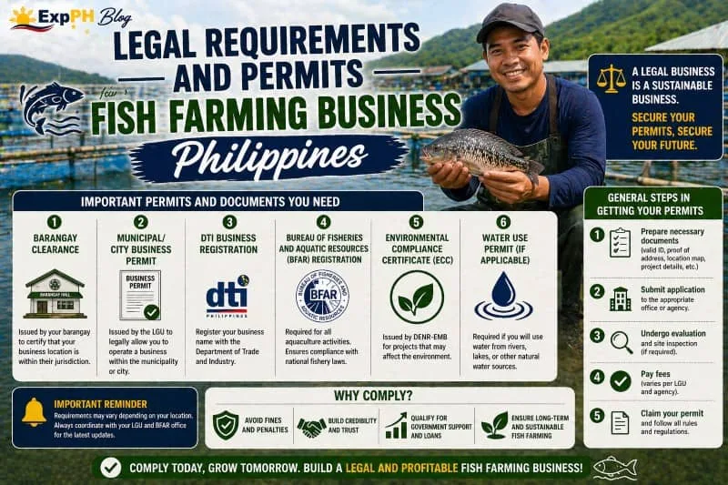 Filipino fish farmer holding tilapia in a fish farm with checklist of legal requirements and permits for fish farming business Philippines including barangay, business permit, and BFAR