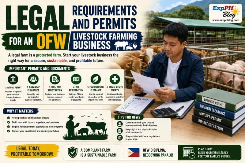 Filipino OFW reviewing business permits and legal documents beside a livestock farm with pigs and cattle in the Philippines.
