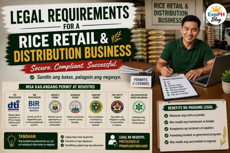 Filipino entrepreneur processing legal permits for a rice retail and distribution business with ExpPH Blog logo
