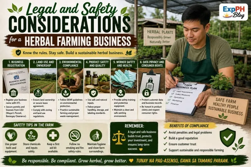 Filipino herbal farmer reviewing legal and safety requirements for a herbal farming business with medicinal plants, business documents, and farm safety materials.
