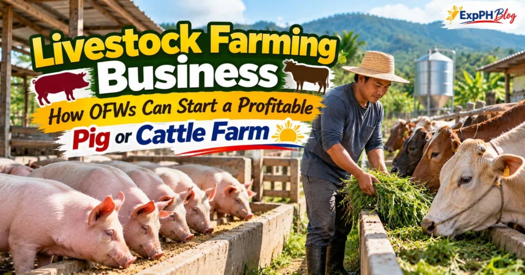 Filipino farmer feeding pigs and cattle on a rural livestock farm in the Philippines.