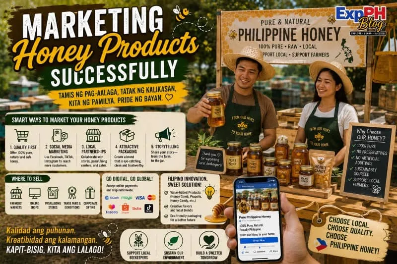 Filipino honey sellers promoting locally produced honey products through social media, online selling, and attractive packaging in the Philippines.