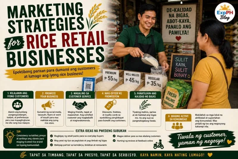 Filipino rice retailer promoting rice products and marketing strategies inside a rice business store with ExpPH Blog logo
