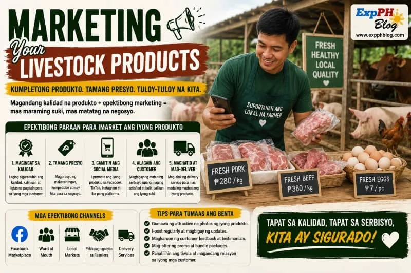 Filipino livestock farmer promoting fresh pork, beef, and farm products while using social media marketing in the Philippines.