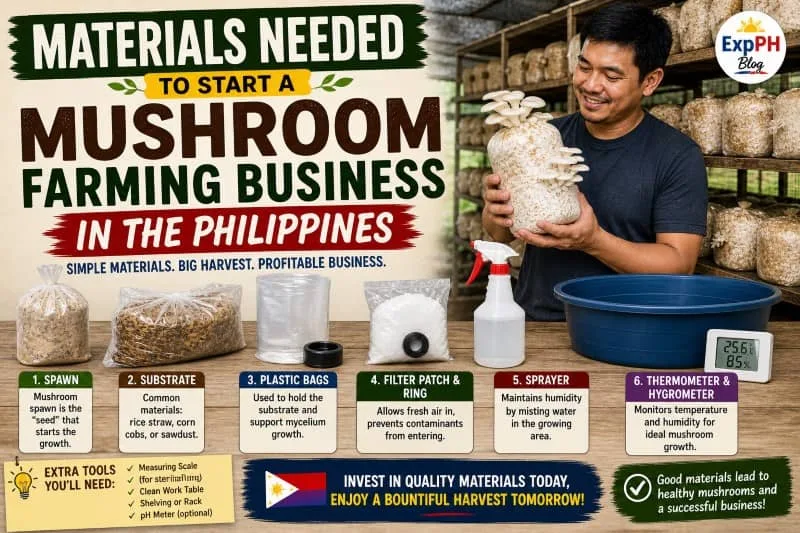 Filipino man holding oyster mushrooms inside a mushroom farm with essential materials like fruiting bags, spray bottle, and thermometer for mushroom farming business setup