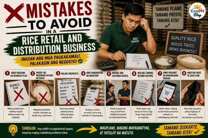 Filipino rice business owner reviewing common mistakes in a rice retail and distribution business with ExpPH Blog logo