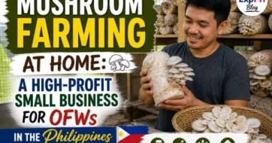Filipino man holding oyster mushrooms inside a home mushroom farm setup with shelves of fruiting bags, promoting a mushroom farming business in the Philippines for OFWs