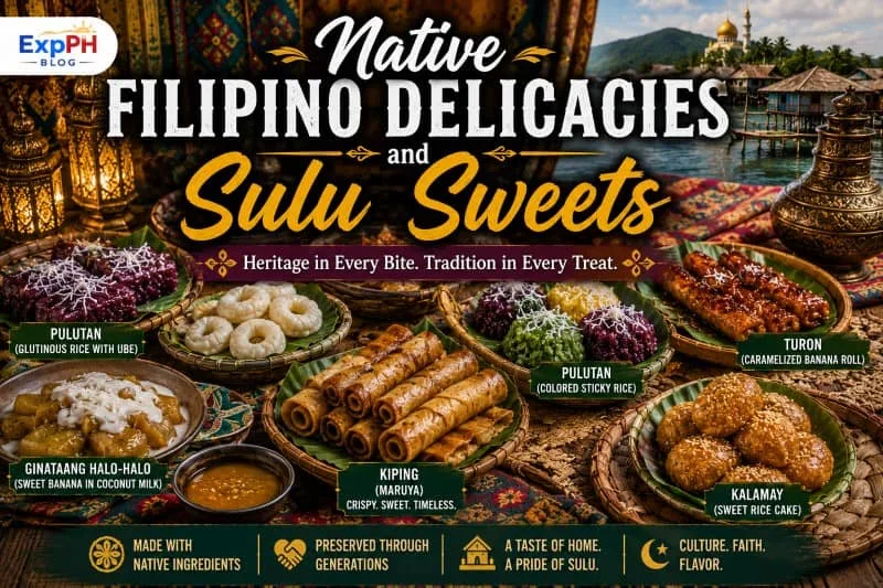 A colorful display of sweet traditional Tausug food, featuring native delicacies like Daral, Wadjit, and Panyalam on woven trays, complete with the ExpPH Blog logo.