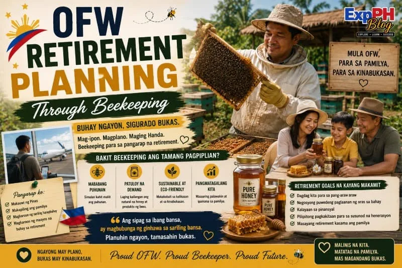 Filipino OFW family planning retirement through sustainable beekeeping and honey production on a rural farm in the Philippines.