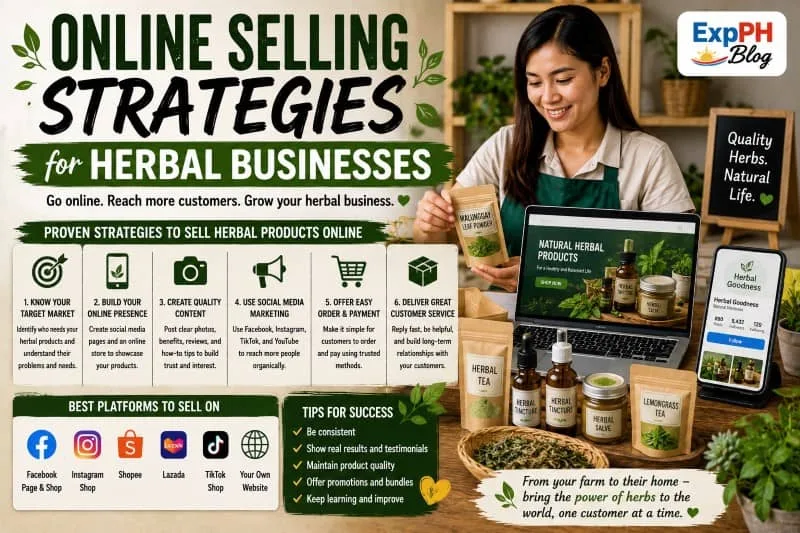 Filipino herbal entrepreneur selling herbal products online using a laptop, smartphone, and social media platforms with ExpPH Blog logo.