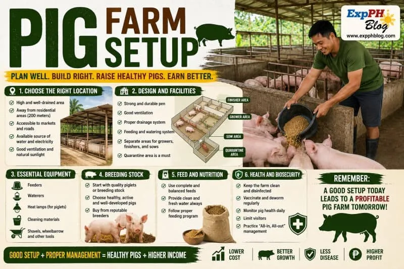 Filipino pig farmer feeding pigs inside a properly organized pig farm setup with clean facilities and feeding systems in the Philippines.
