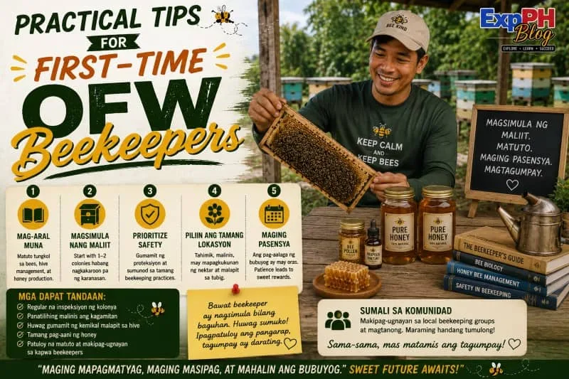 Filipino beginner beekeeper learning hive inspection, honey harvesting, and safe beekeeping practices on a rural bee farm in the Philippines.