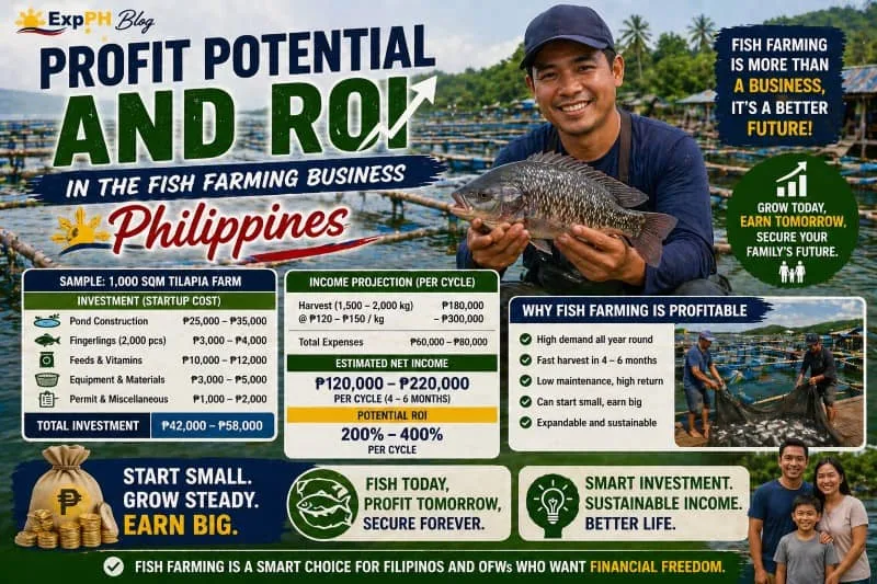 Filipino fish farmer holding tilapia in a fish farm with income projection and ROI visuals showing profit potential in the fish farming business Philippines