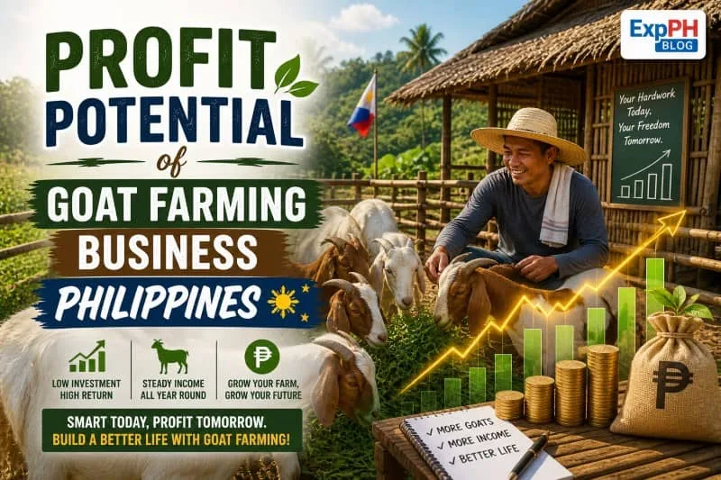 Filipino farmer feeding goats with rising income graph showing profit potential of goat farming business in the Philippines
