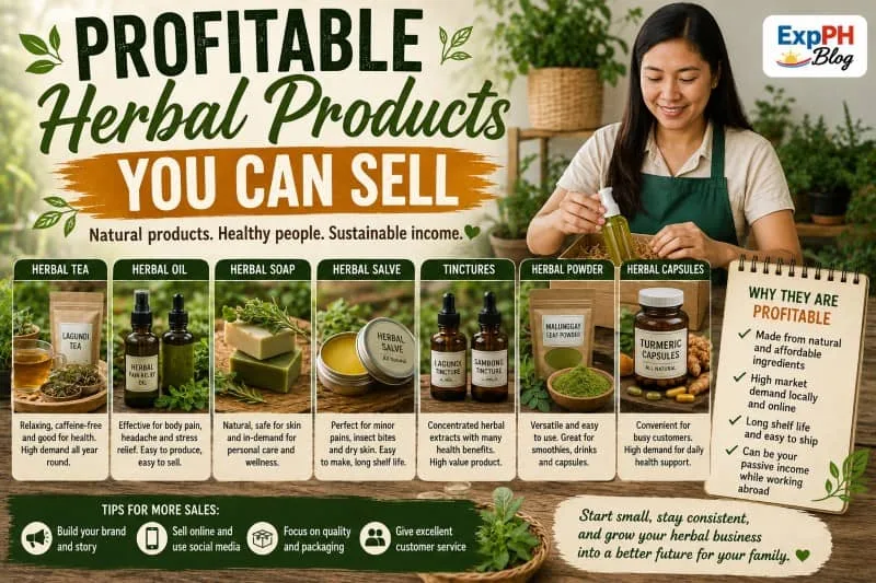 Filipino herbal entrepreneur displaying herbal tea, oils, soaps, powdered herbs, and medicinal plants for a natural wellness business with ExpPH Blog logo.