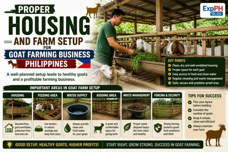 Filipino farmer feeding goats in a well-structured goat house showing proper housing and farm setup in the Philippines