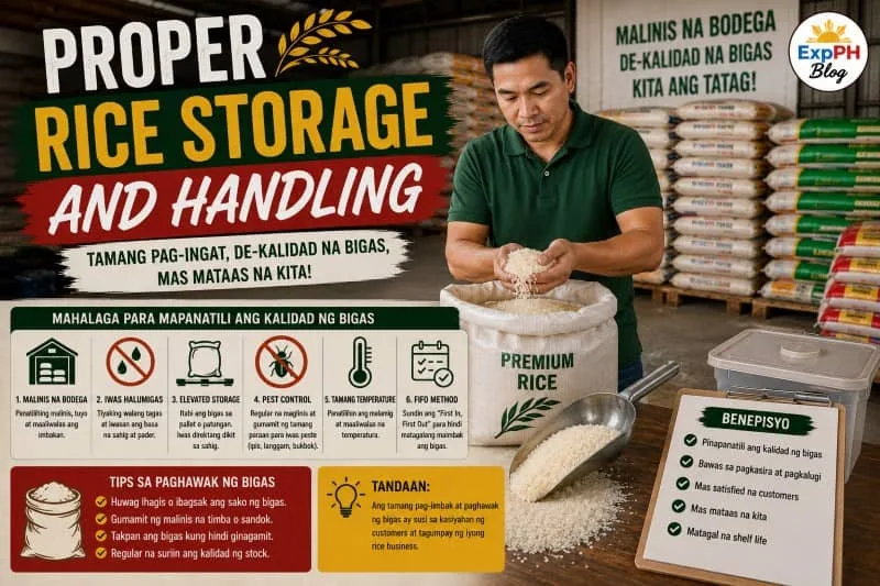 Filipino rice retailer demonstrating proper rice storage and handling inside a rice warehouse with ExpPH Blog logo