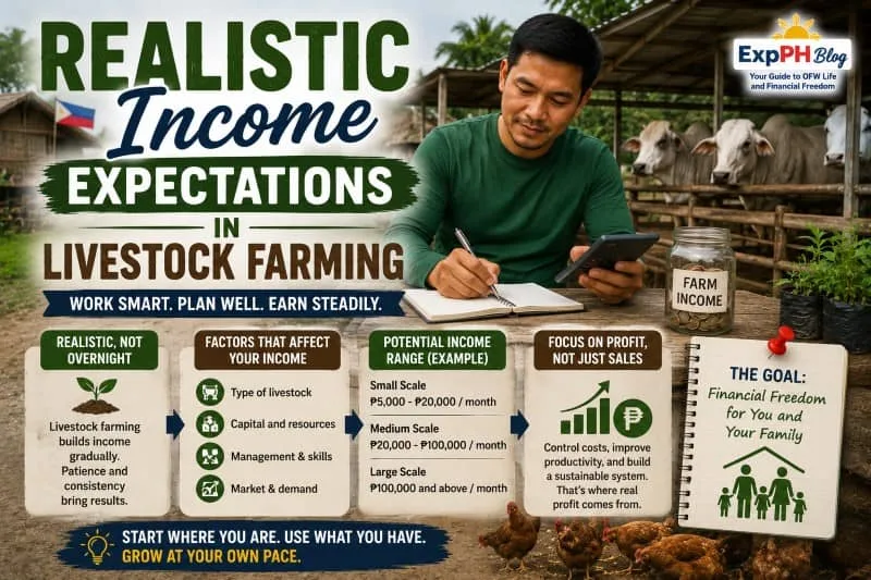 Filipino farmer calculating livestock farming income while managing cattle and chickens on a realistic farm with notebooks, calculator, and ExpPH Blog logo.