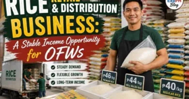 Filipino rice retailer holding a sack of rice inside a rice distribution store for OFWs business opportunity with ExpPH Blog logo