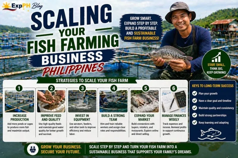 Filipino fish farmer holding tilapia in a large fish farm with expanded ponds and cages showing scaling your fish farming business Philippines