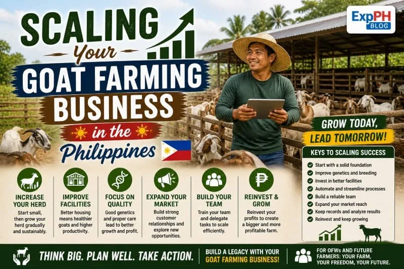 Filipino farmer holding tablet in a goat farm showing growth and scaling of goat farming business in the Philippines
