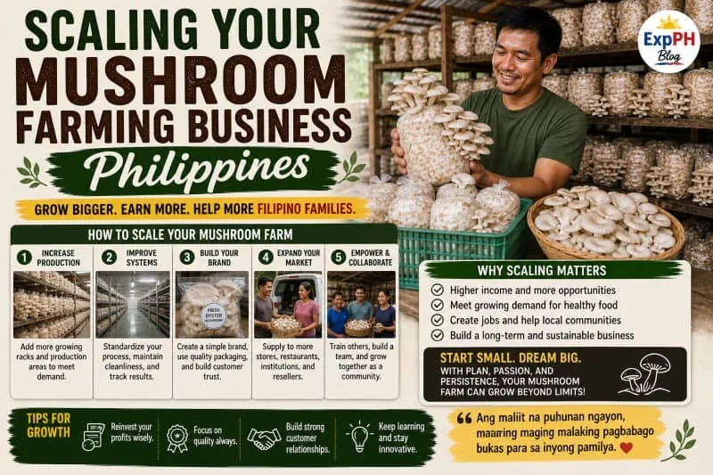 Filipino farmer holding oyster mushrooms inside an expanded mushroom farm with multiple shelves of fruiting bags, showing business growth and scaling