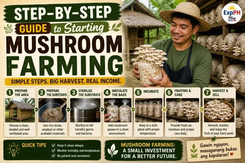 Filipino farmer holding oyster mushrooms inside a home mushroom farm with shelves of fruiting bags, showing a step-by-step mushroom farming process