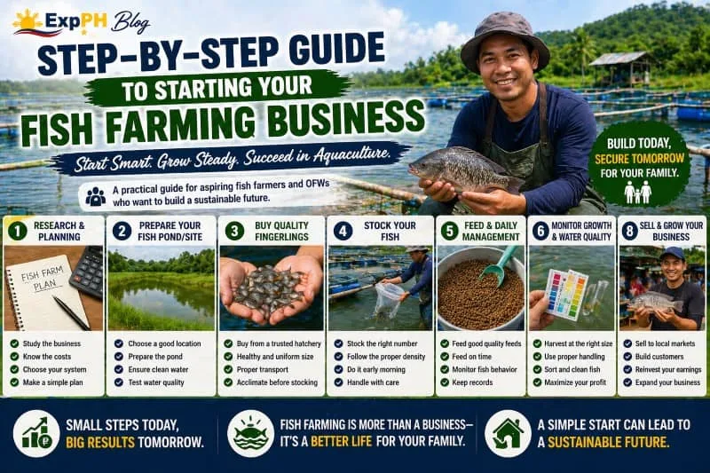 Filipino fish farmer holding tilapia beside fish ponds with visual steps showing how to start a fish farming business in the Philippines for beginners and OFWs
