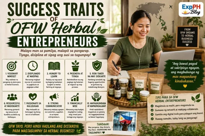Filipino OFW herbal entrepreneur working on a herbal business with medicinal products, business planning materials, and digital tools at home.