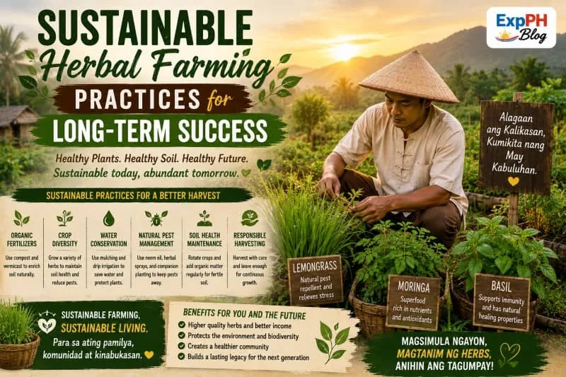 Filipino herbal farmer practicing sustainable farming methods with medicinal plants, organic gardening techniques, and eco-friendly agriculture in a tropical farm.