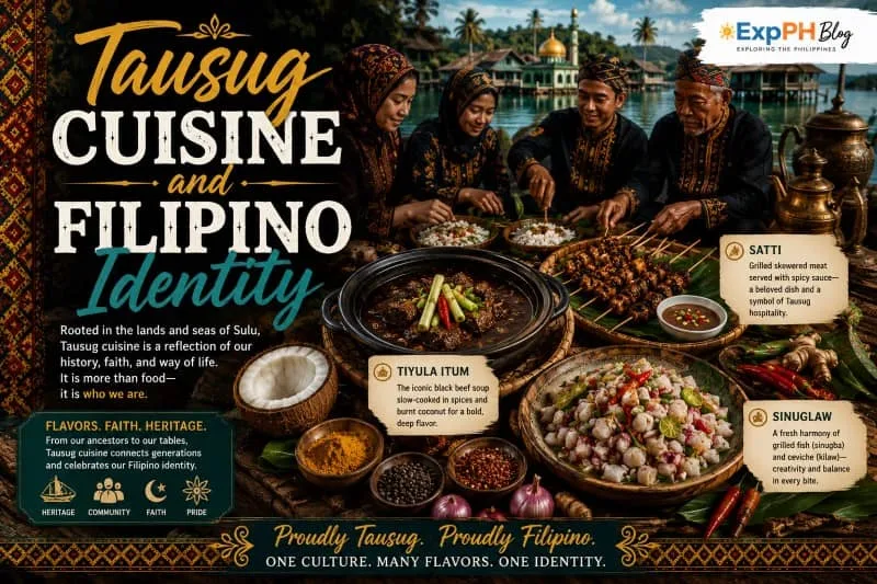 An infographic showing a Tausug family sharing a traditional meal of Tiyula Itum and seafood by the coast, representing Filipino identity and cultural heritage.