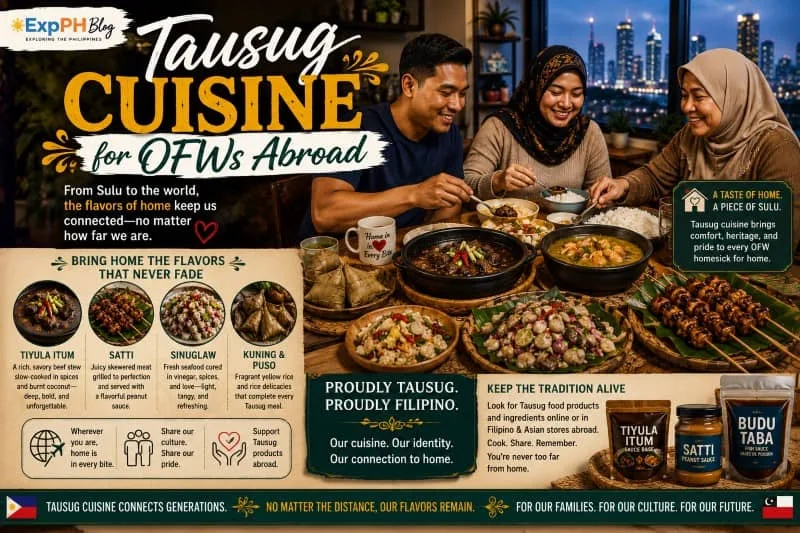 An infographic showing an OFW family enjoying traditional Tausug dishes like Tiyula Itum and Satti together in a modern city apartment.