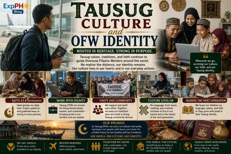 Realistic Filipino-inspired image showing Tausug OFWs, family connections, Islamic traditions, overseas work, and cultural identity rooted in Sulu heritage.