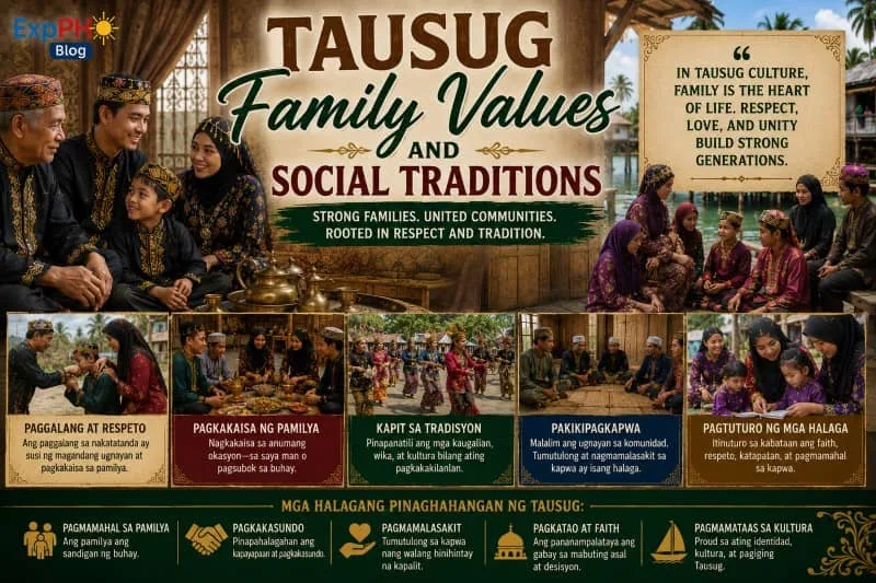 Realistic Filipino-inspired image showing Tausug family values, traditional clothing, respect for elders, community gatherings, and social traditions in Sulu.