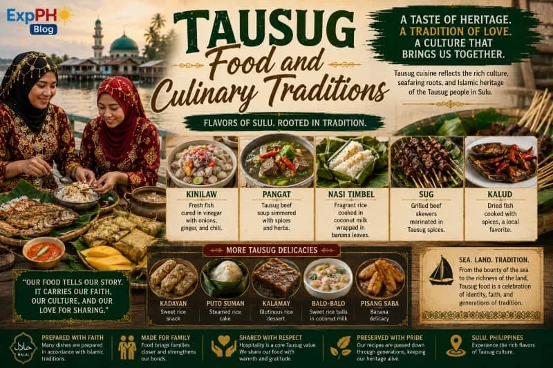 Realistic Filipino-inspired image showing Tausug food, traditional dishes, seafood meals, local delicacies, and culinary traditions in Sulu.