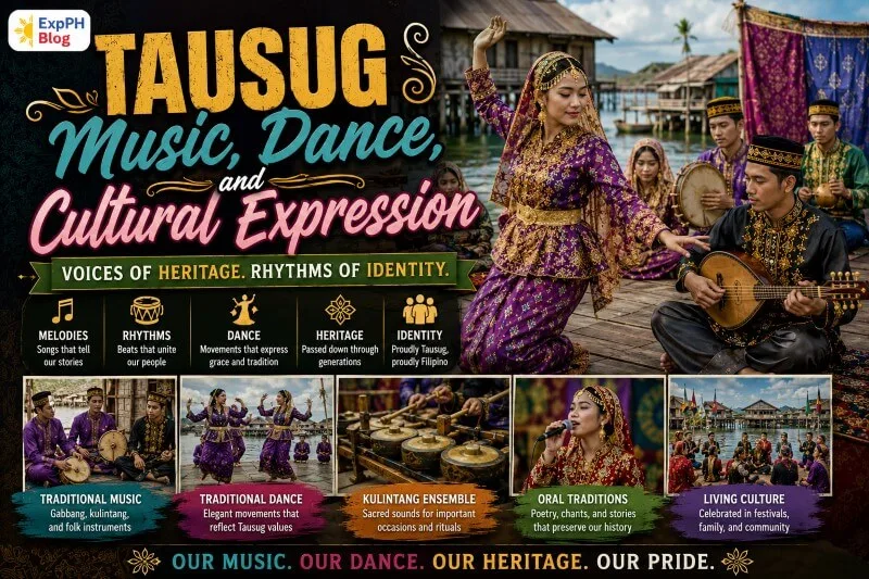 Traditional Tausug dancers and musicians performing cultural music and Pangalay dance beside coastal stilt houses in a Filipino Muslim community.