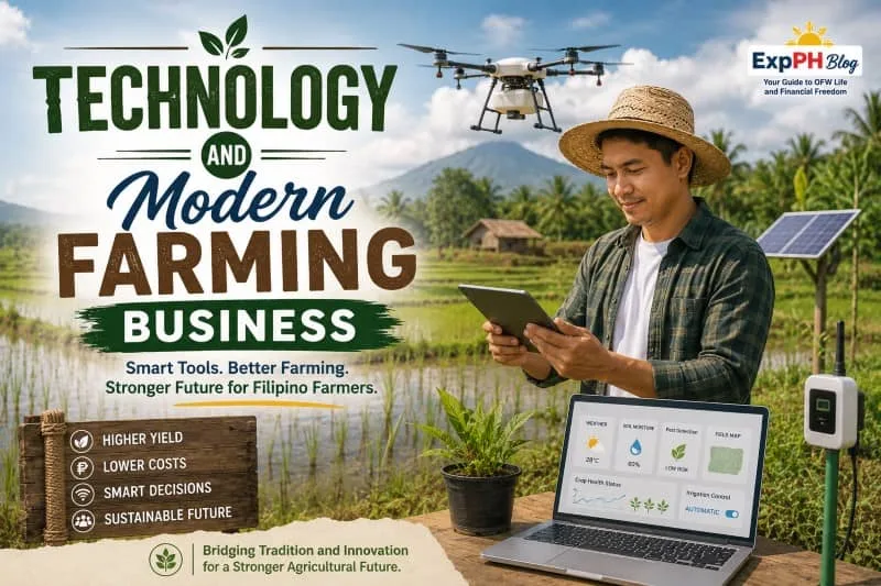 Filipino farmer using modern farming technology such as drones, tablet, sensors, and smart farming tools in a realistic rice field with ExpPH Blog logo.