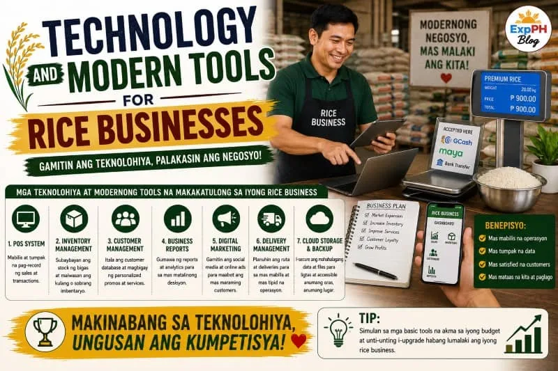 Filipino rice business owner using modern technology tools inside a rice retail and distribution business with ExpPH Blog logo