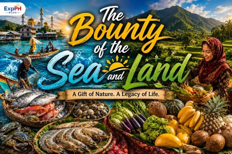 A vibrant display of fresh seafood, tropical fruits, and vegetables representing the natural ingredients of traditional Tausug food, featuring local farmers and the ExpPH Blog logo.