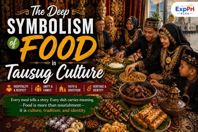 A Tausug family in traditional attire sharing a communal feast of traditional Tausug food, including Tiyula Itum and Satti, symbolizing hospitality and heritage. Features the ExpPH Blog logo.